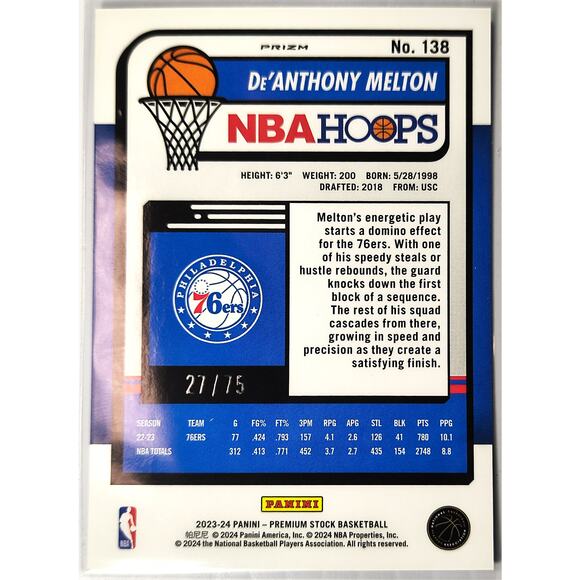 2023-24 NBA Hoops Premium Stock DE'ANTHONY MELTON #138 Blue Pulsar Prizm 27/75 - Picture 2 of 2